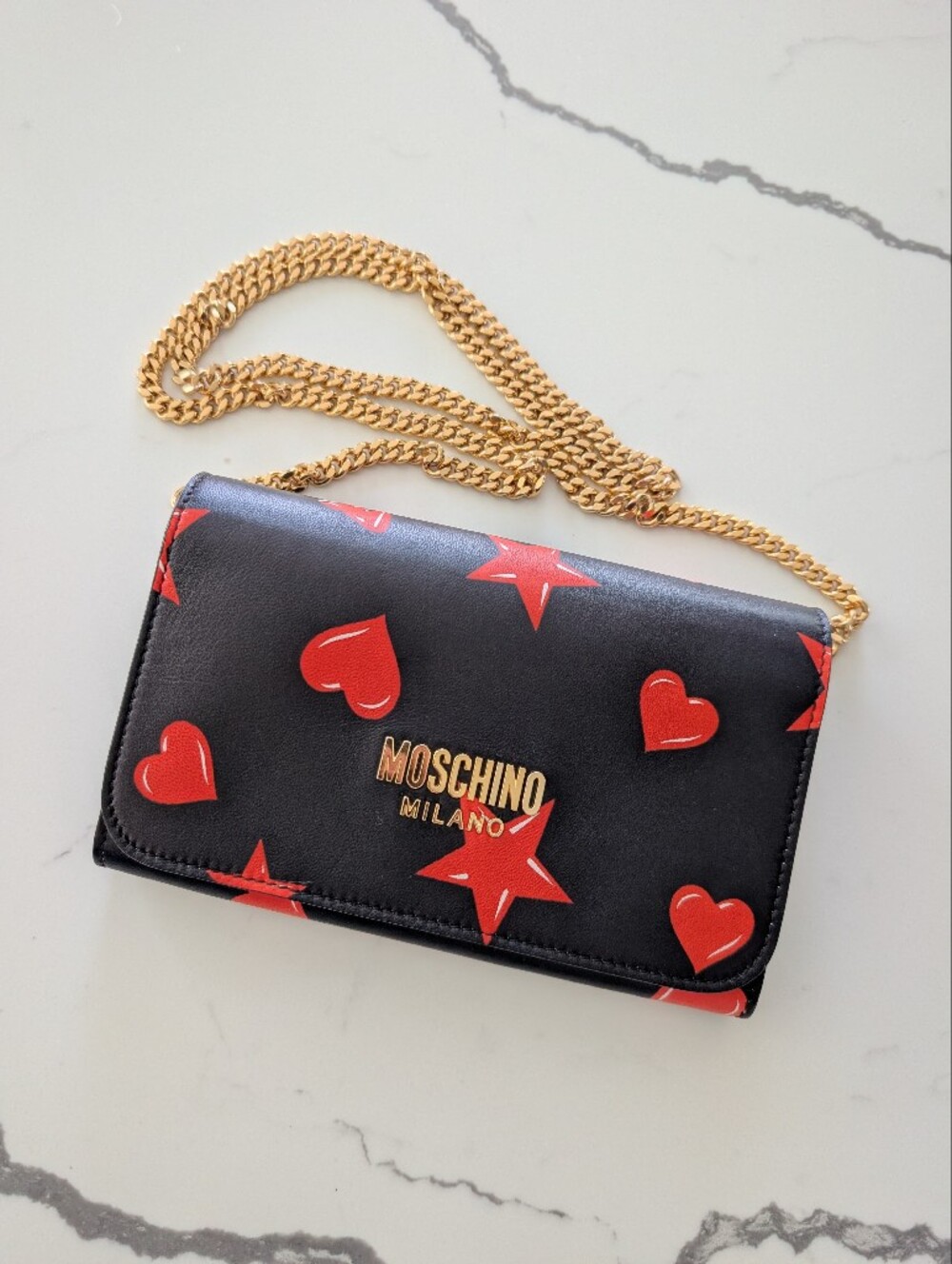 Moschino Black Leather with Red Heart & Star Wallet on Chain with Gold Hardware